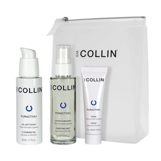 G.M. Collin Normalizing Travel Kit with Cleansing Gel, Purifying Mist, and Cream for gentle skin detoxification.