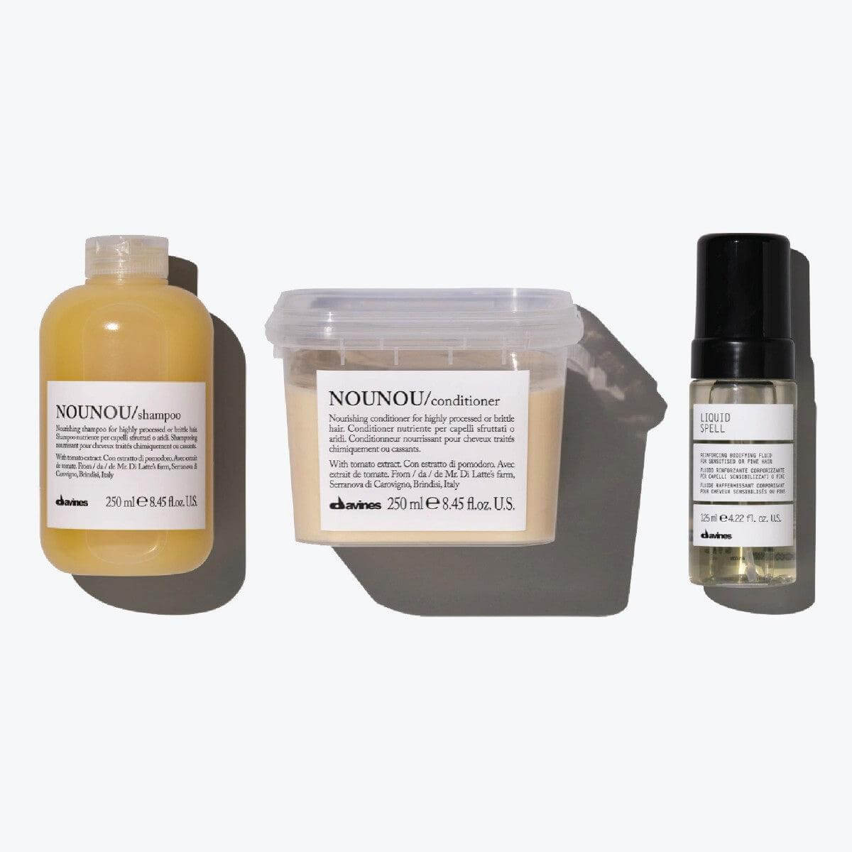 Nounou + Liquid Spell Set for nourishing and restoring hair, featuring shampoo, conditioner, and Liquid Spell treatment.