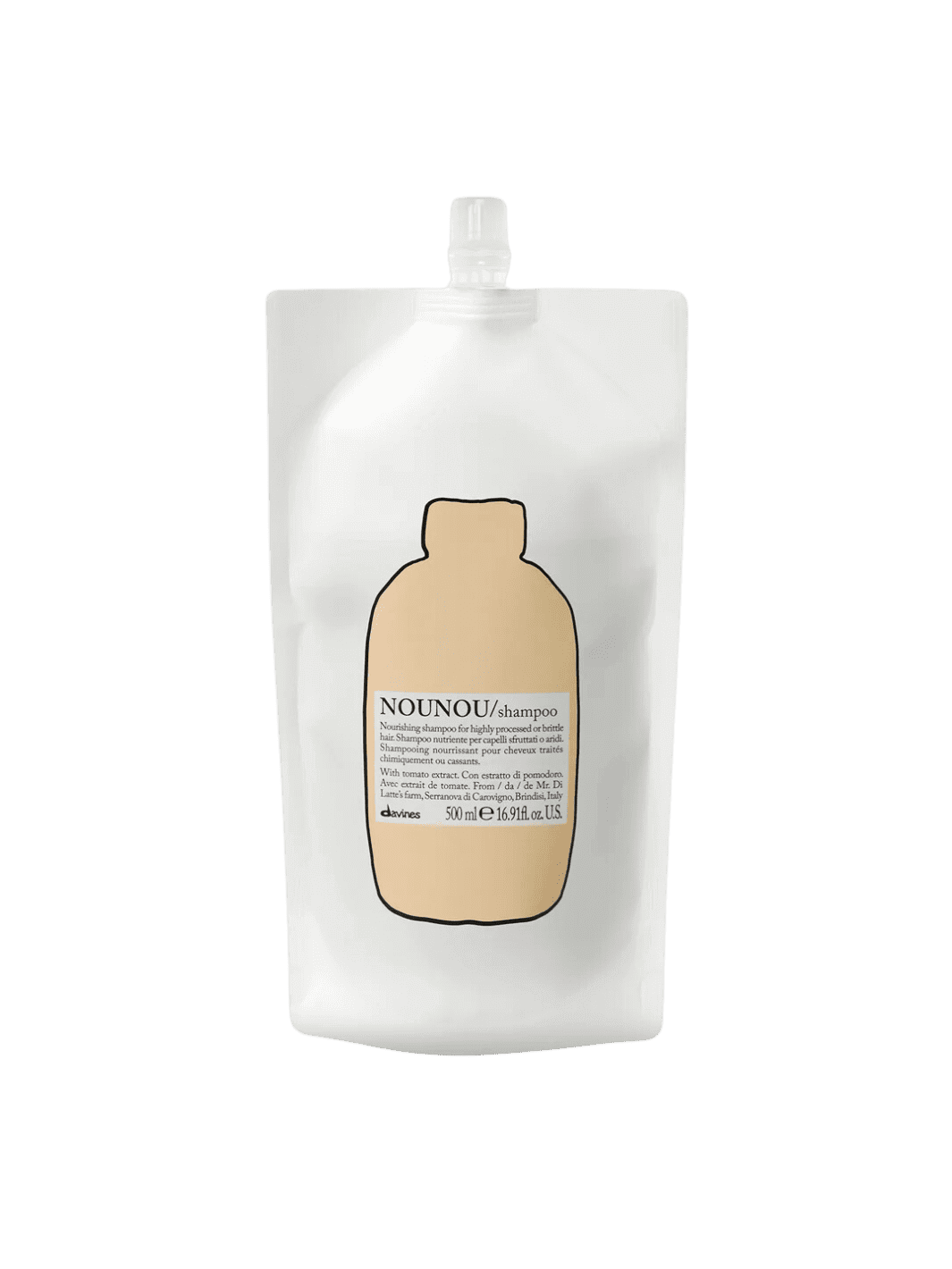 Nounou Shampoo Refill for damaged hair with tomato extract, providing deep hydration and repair, ideal for dry hair concerns.