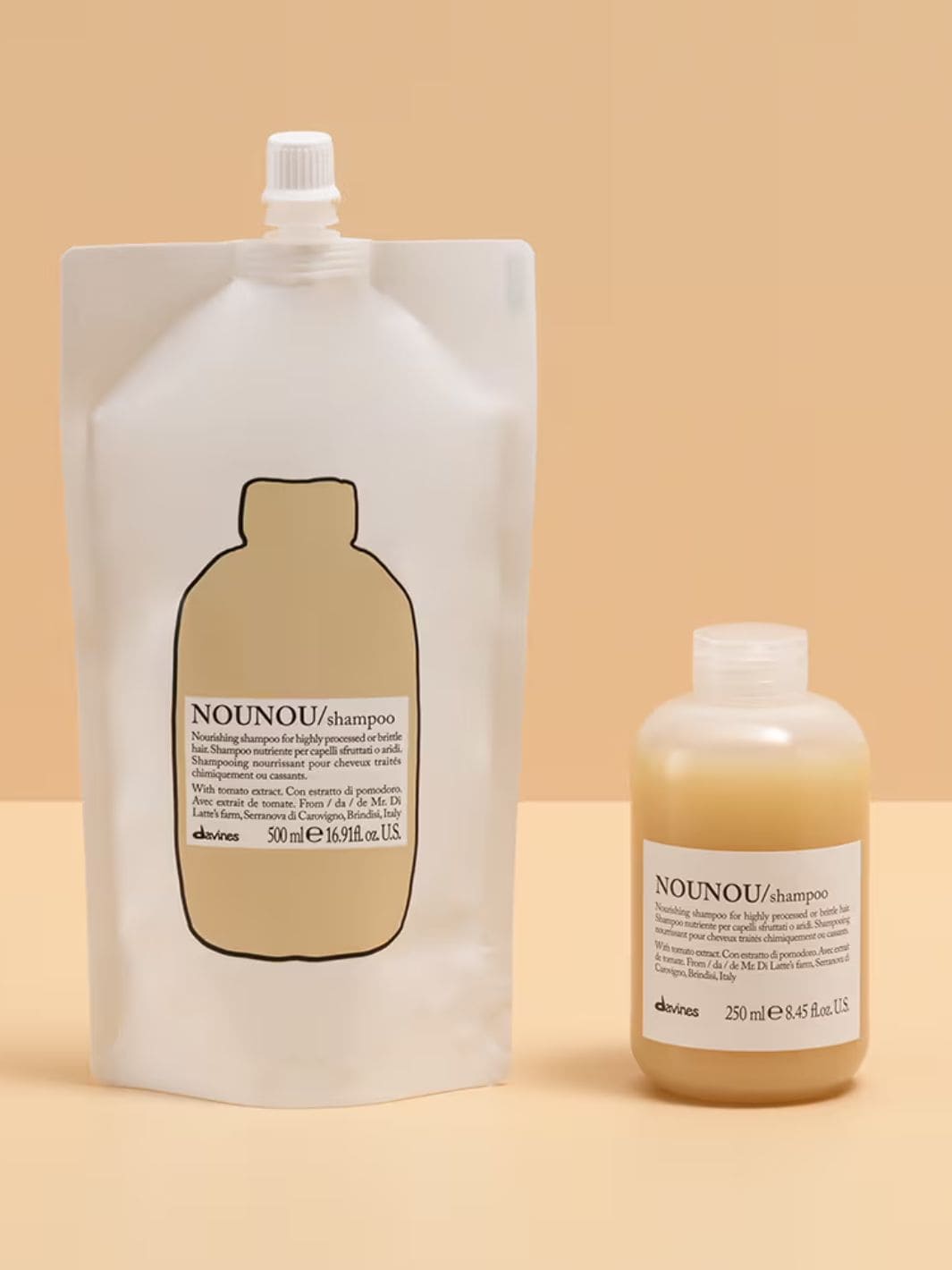 Nounou Shampoo Refill pouch and bottle for hydrating and repairing damaged hair with tomato extract.