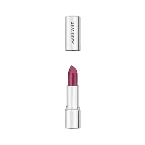 Malu Wilz Nourishing Lipstick with purple shade, silver case, premium lip product for vibrant color and lip nourishment.