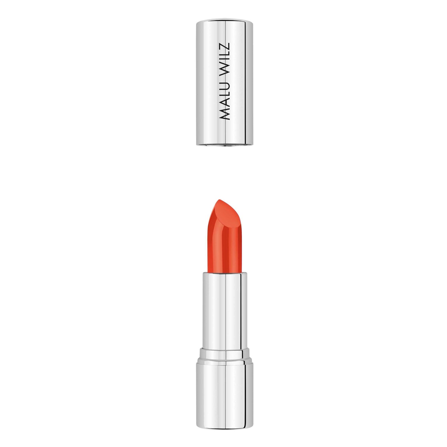 Malu Wilz Nourishing Lipstick in vibrant shade, open with silver casing; premium lip care with rich color and essential nutrients.