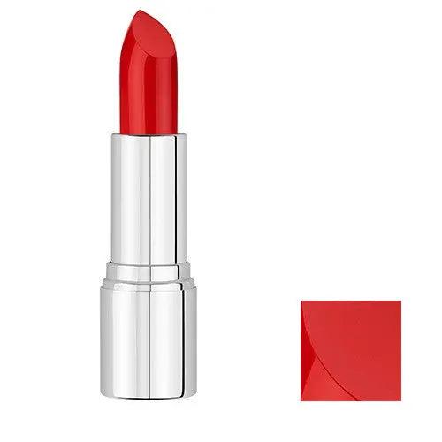 Nourishing red lipstick with vibrant color, featuring premium ingredients for lip care and nourishment, in sleek silver packaging.