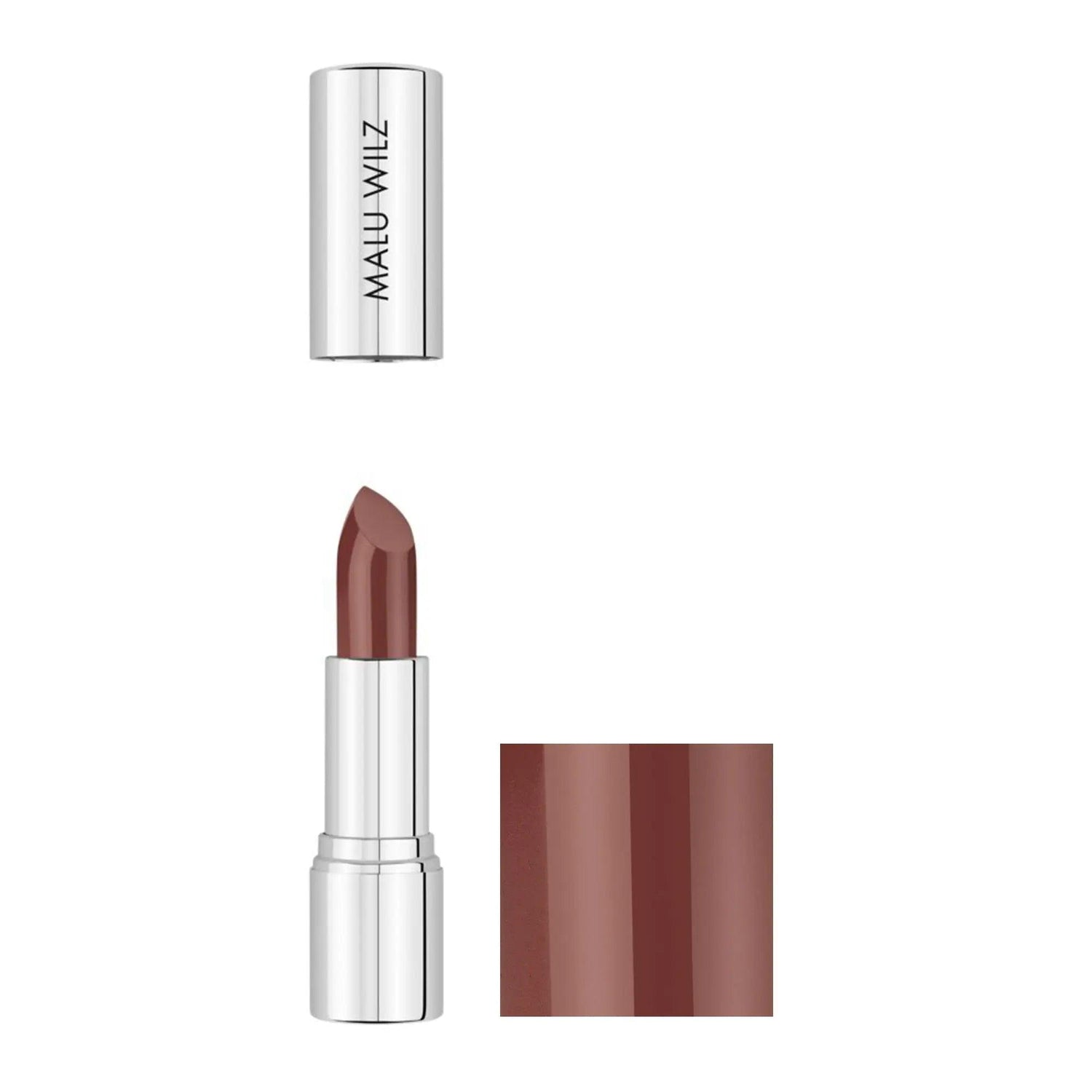 Malu Wilz Nourishing Lipstick 4g in brown shade with cap removed, features vibrant color and essential lip nourishment.