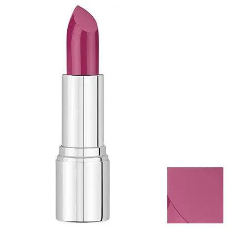 Malu Wilz Nourishing Lipstick in vibrant pink shade with nourishing ingredients for lips, shown in silver metallic case.