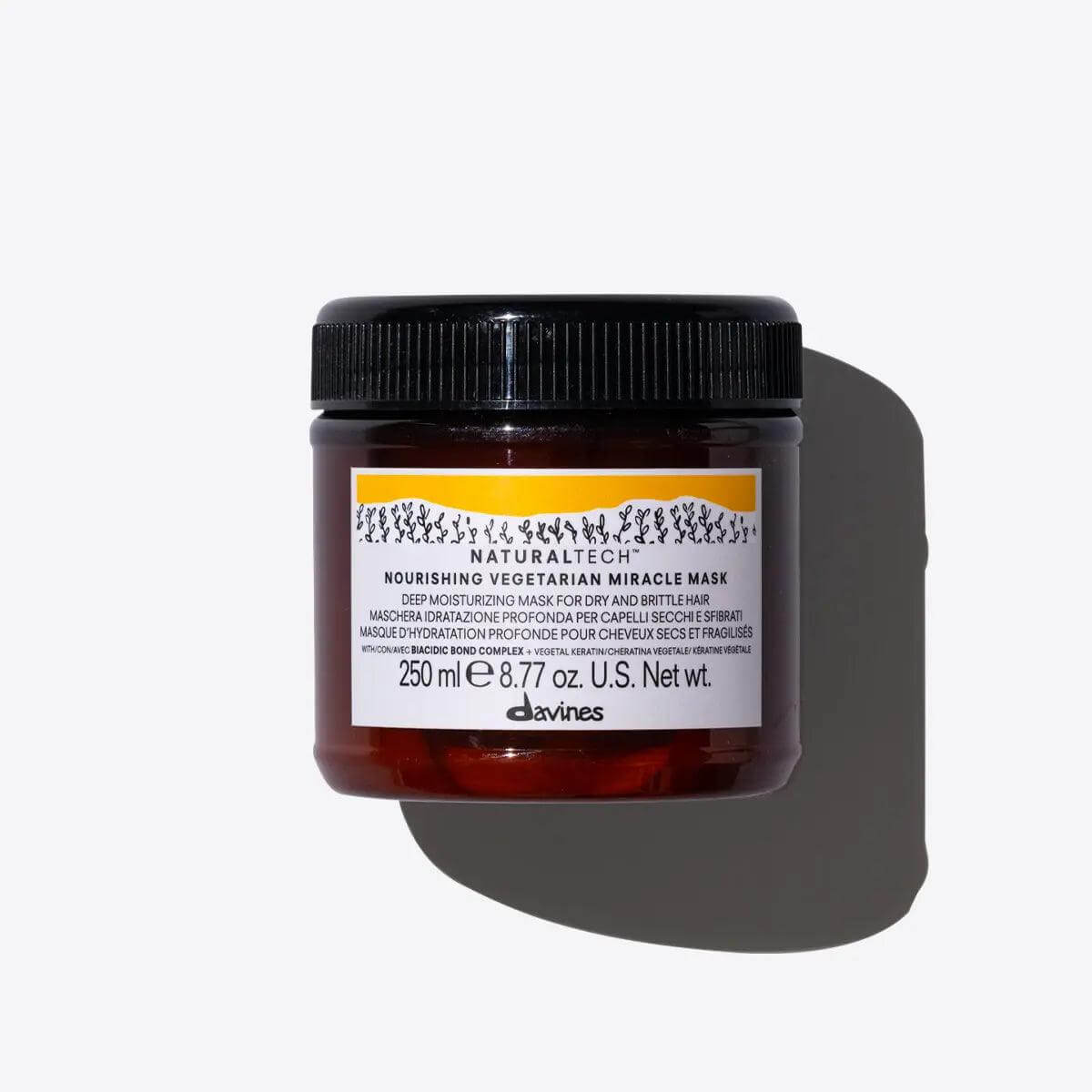 Davines Nourishing Vegetarian Miracle Mask for dry hair, intensely hydrating, boosting softness and shine, 250ml jar.