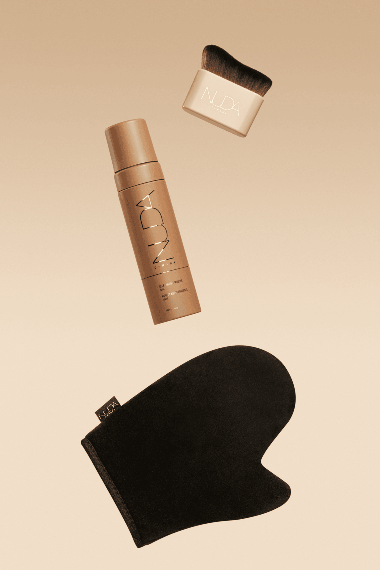 Nuda Blending Brush with tanning mitt and lotion for smooth sun-kissed glow.