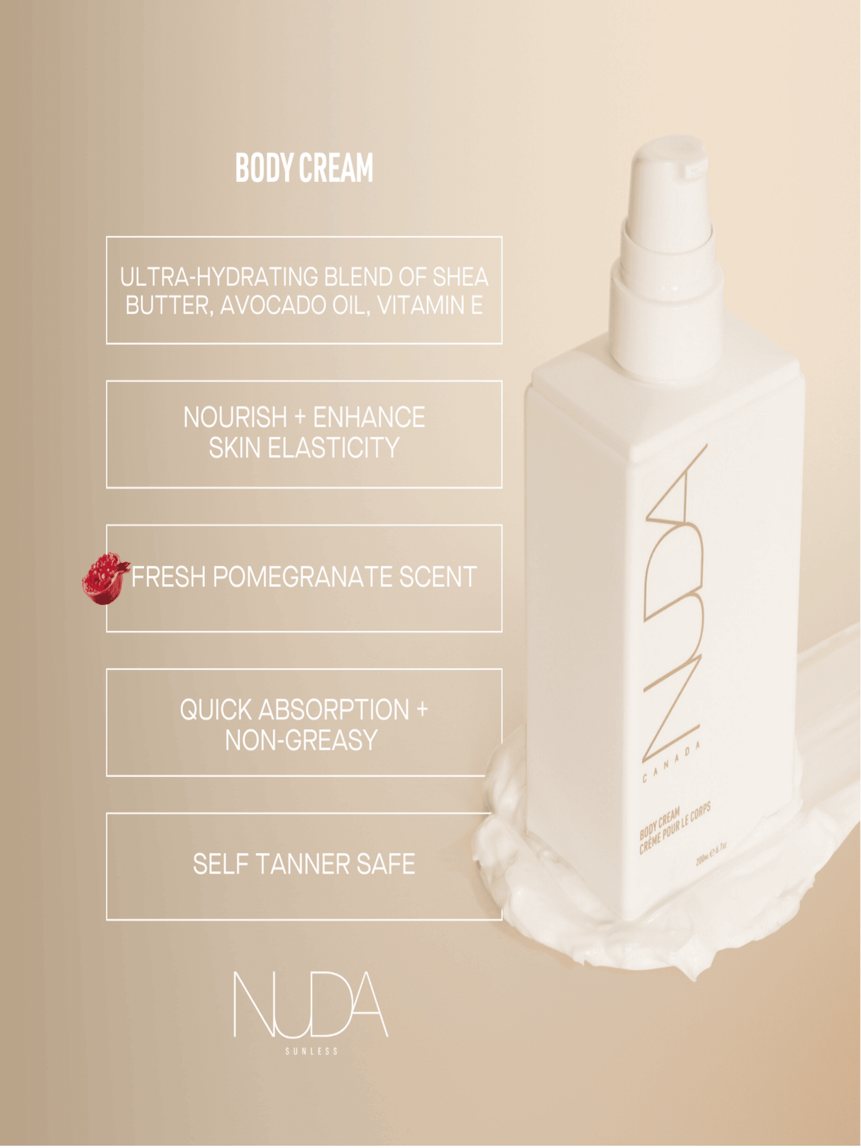 Nourishing body cream with shea butter, avocado oil, Aloe Vera, and vitamin E for hydration and skin elasticity. Fresh pomegranate scent.