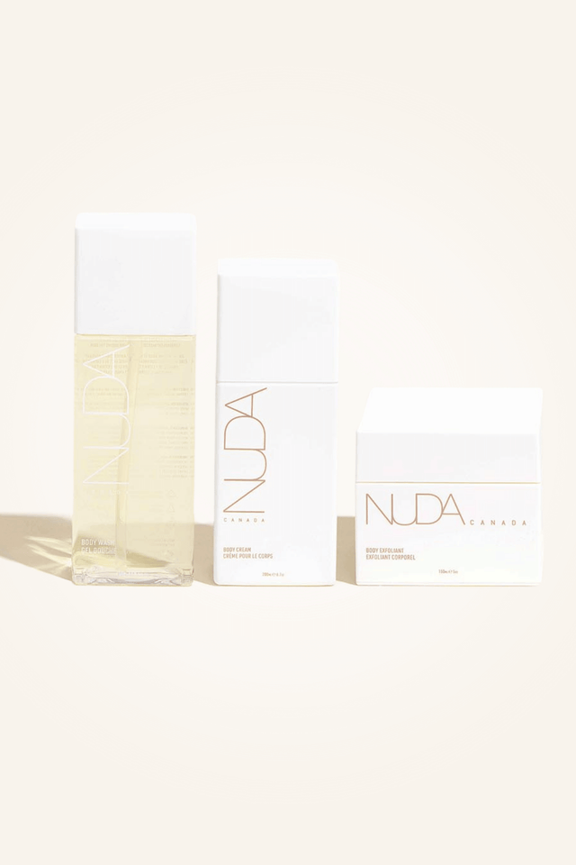 Body Essentials Trio: exfoliant or tan remover, calming body wash, hydrating body cream for sunless tanning care and preparation.