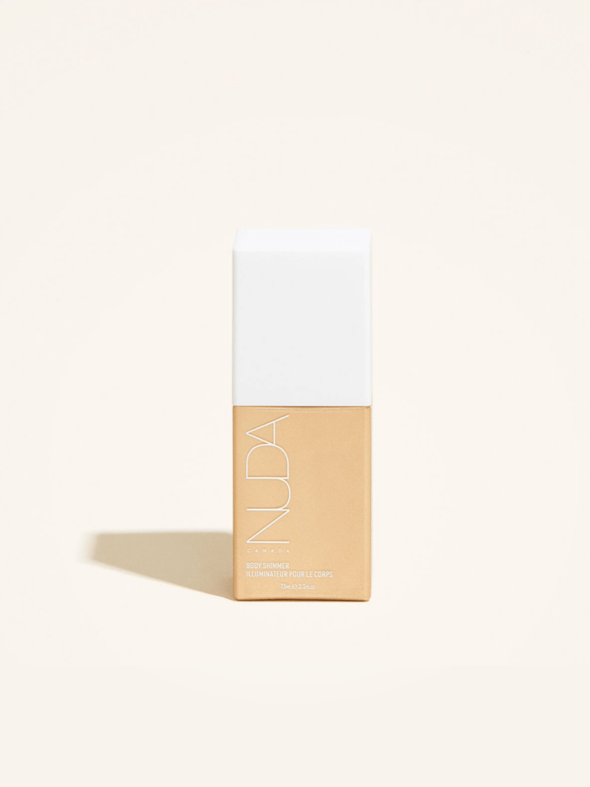 Gold Body Shimmer bottle with white cap, offering a sun-kissed glow infused with Aloe Vera, avocado oil, grape seed oil, and vitamin E.
