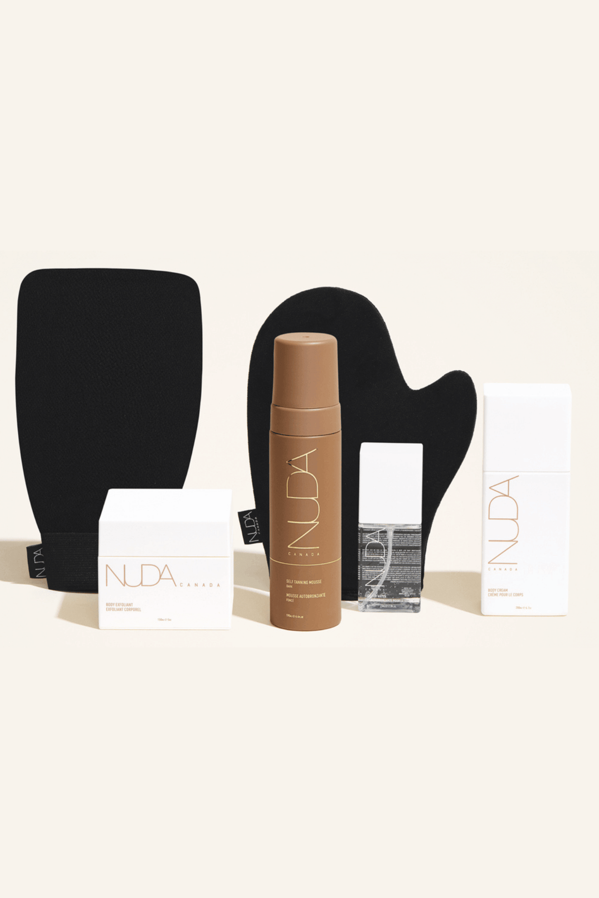 Deluxe Routine Kit featuring Body Exfoliant, Tanning Mousse, Mitts, Face Tanner, and Body Cream for a sun-kissed glow.