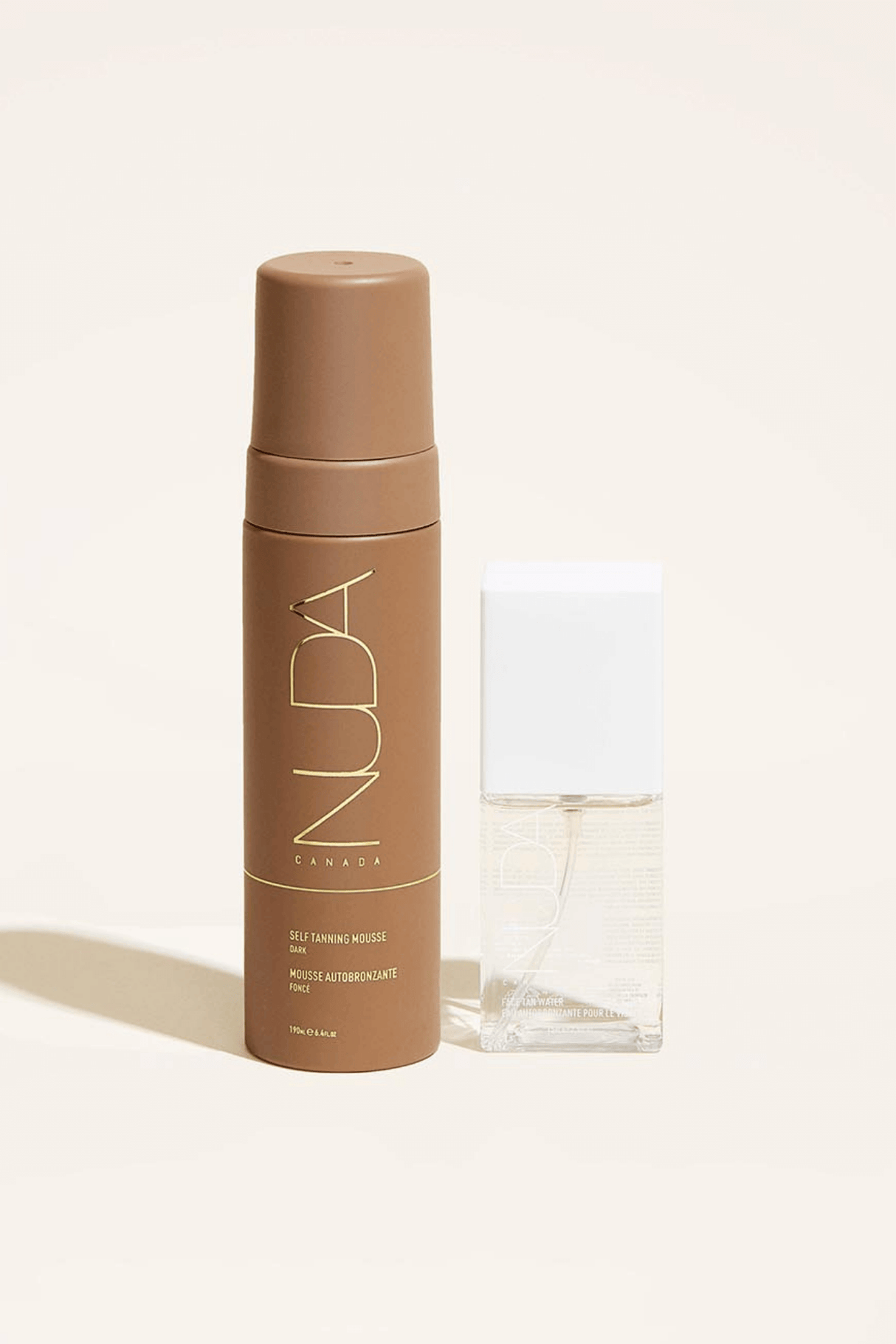 Glow Duo Self Tanning Mousse and Facial Tanner for sun-kissed complexion, suitable for various skin tones, by Nuda Canada.