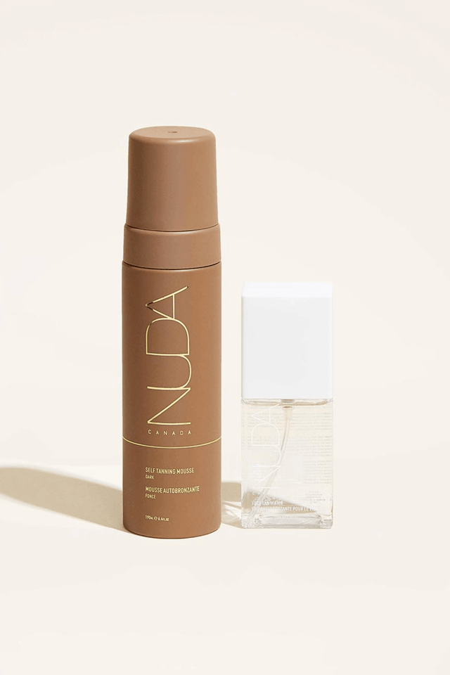 Glow Duo Self Tanning Mousse and Facial Tanner for sun-kissed complexion, suitable for various skin tones, by Nuda Canada.