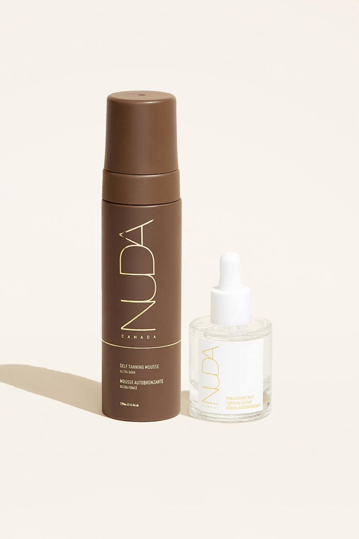Glow Duo Self Tanning Mousse and Facial Tan Drops for a sun-kissed radiance, perfect for matching all skin tones year-round.