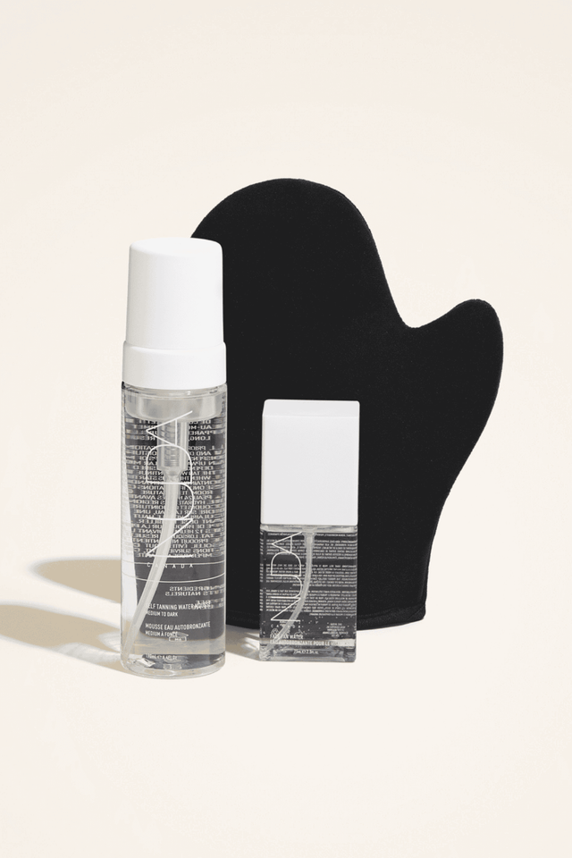 Glow Kit includes Self Tanning Mousse, facial self tanner, and Tanning Mitt for a sun-kissed, radiant complexion all year round.