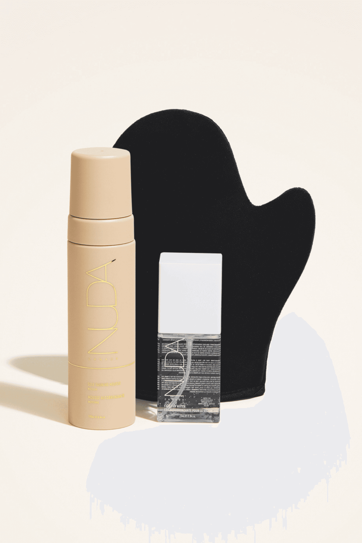 Glow Kit includes self tanning mousse, facial self tanner, and mitt. Ideal for a sun-kissed glow on all skin tones.