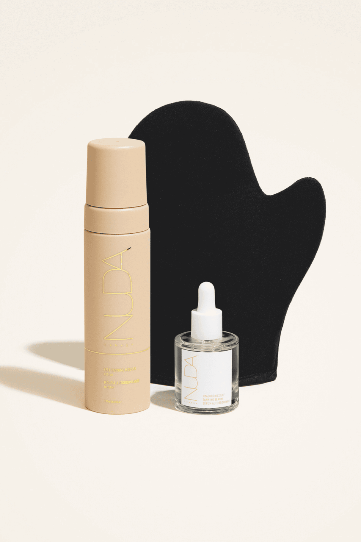 Glow Kit featuring self tanning mousse, facial tanner, and mitt for flawless sun-kissed glow.