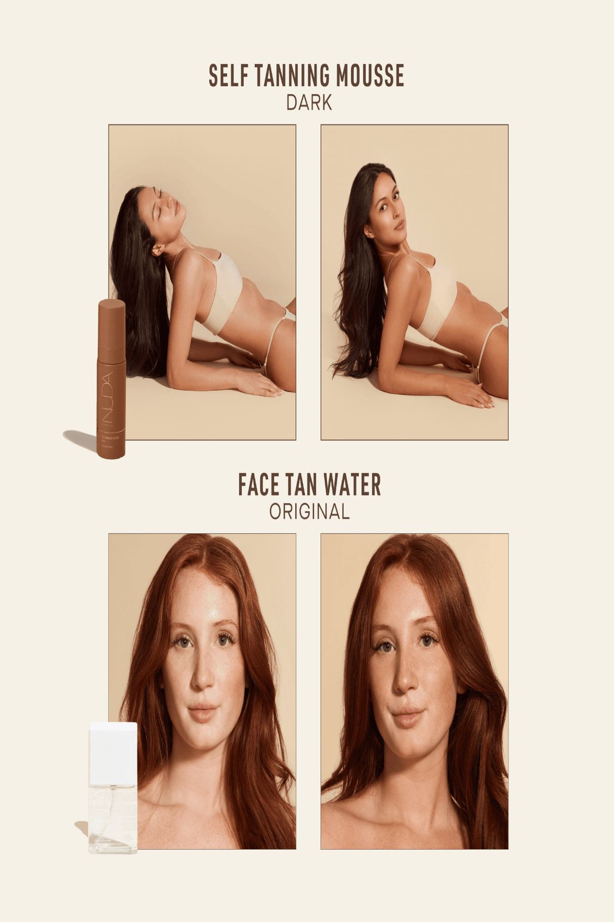 Nuda Bronzed Holiday Gift Set with Dark Self Tanning Mousse and Face Tan Water for radiant skin.