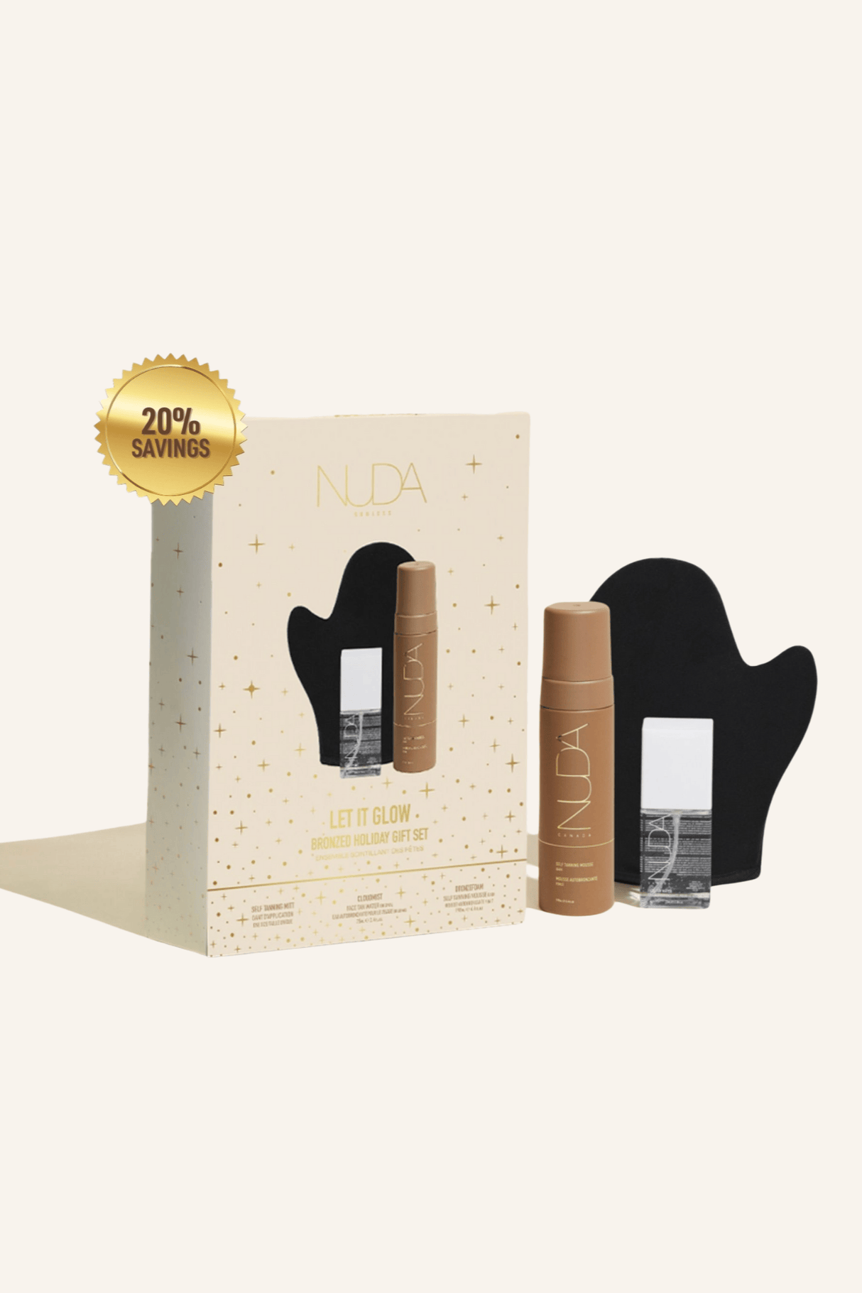 Nuda Bronzed Holiday Gift Set with Dark Self Tanning Mousse, Tanning Mitt, and Face Tan Water, elegantly packaged for glowing skin