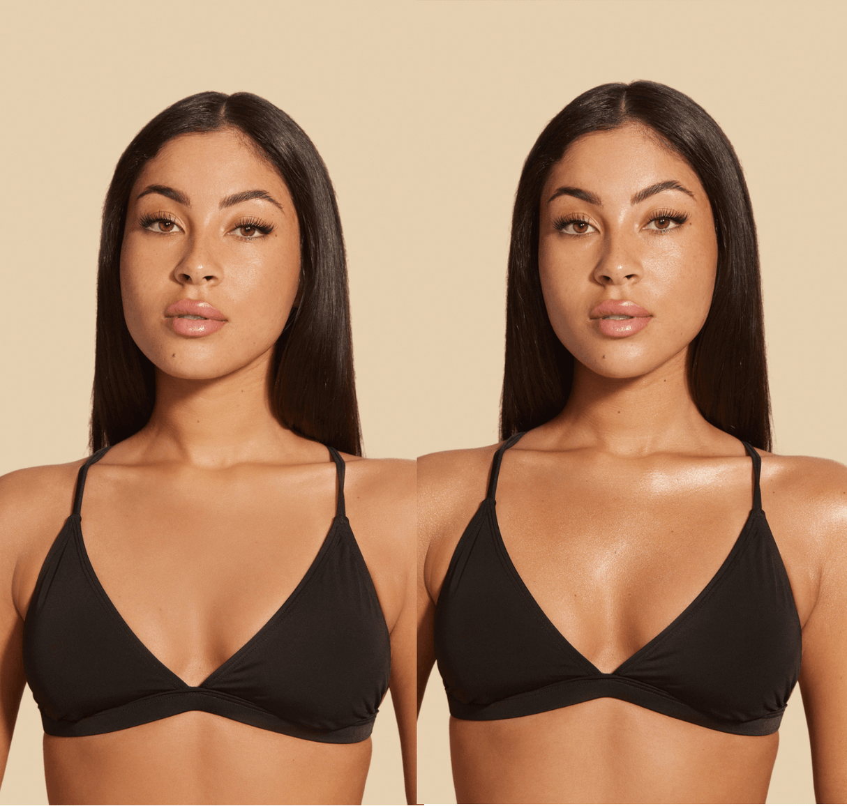 Before and after using Body Shimmer, showing a woman's skin with and without a sun-kissed glow and silky gold finish.