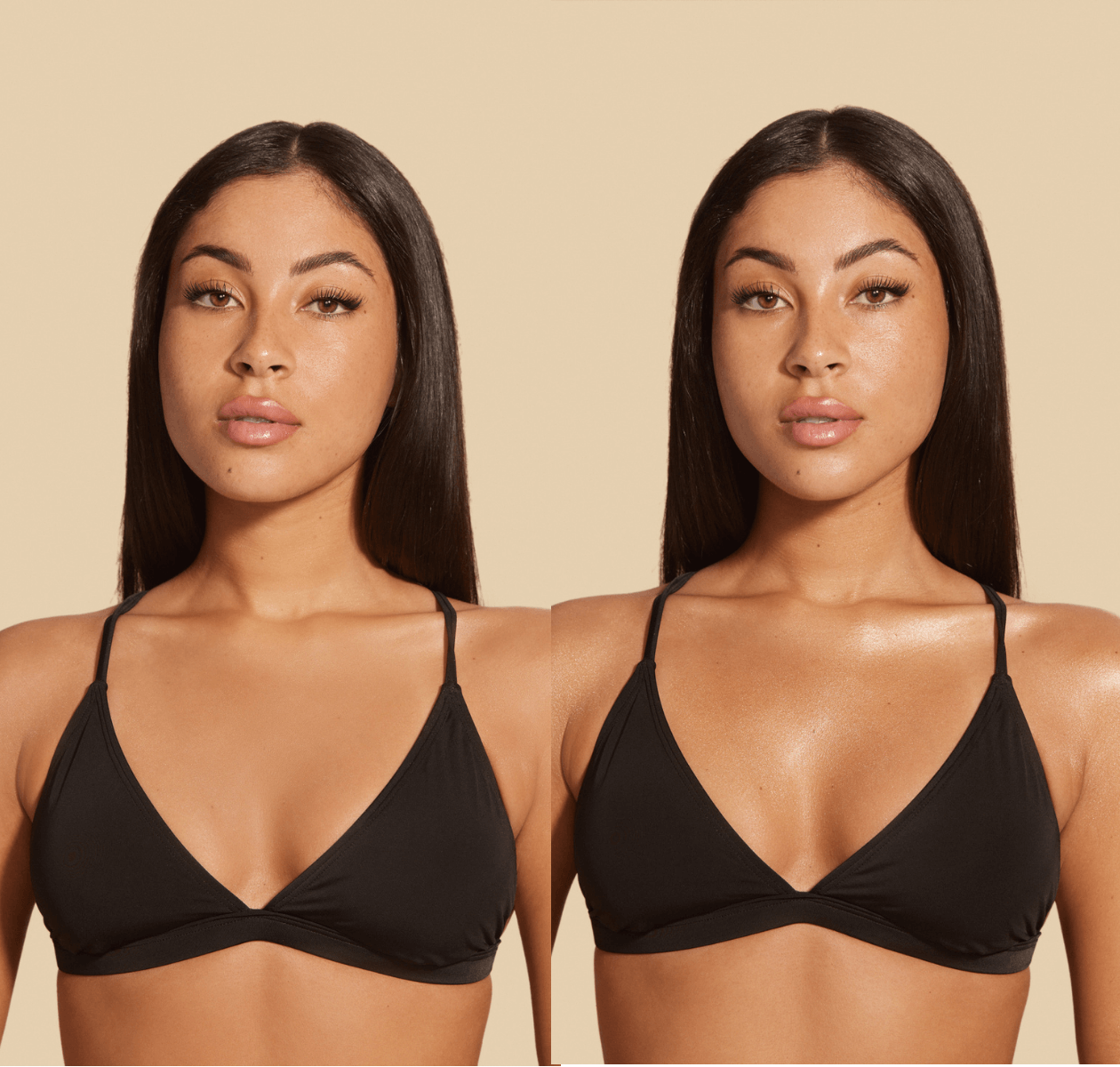 Before and after using Body Shimmer, showing a woman's skin with and without a sun-kissed glow and silky gold finish.