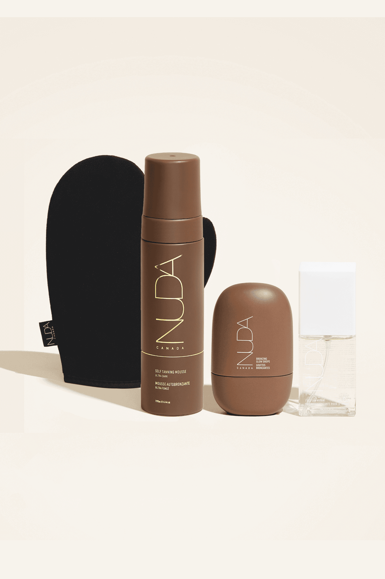 Ultimate Glow Kit with Self Tanning Mousse, Tanning Mitt, facial tanners, and choice of Body Shimmer or Bronzing Glow Drops.