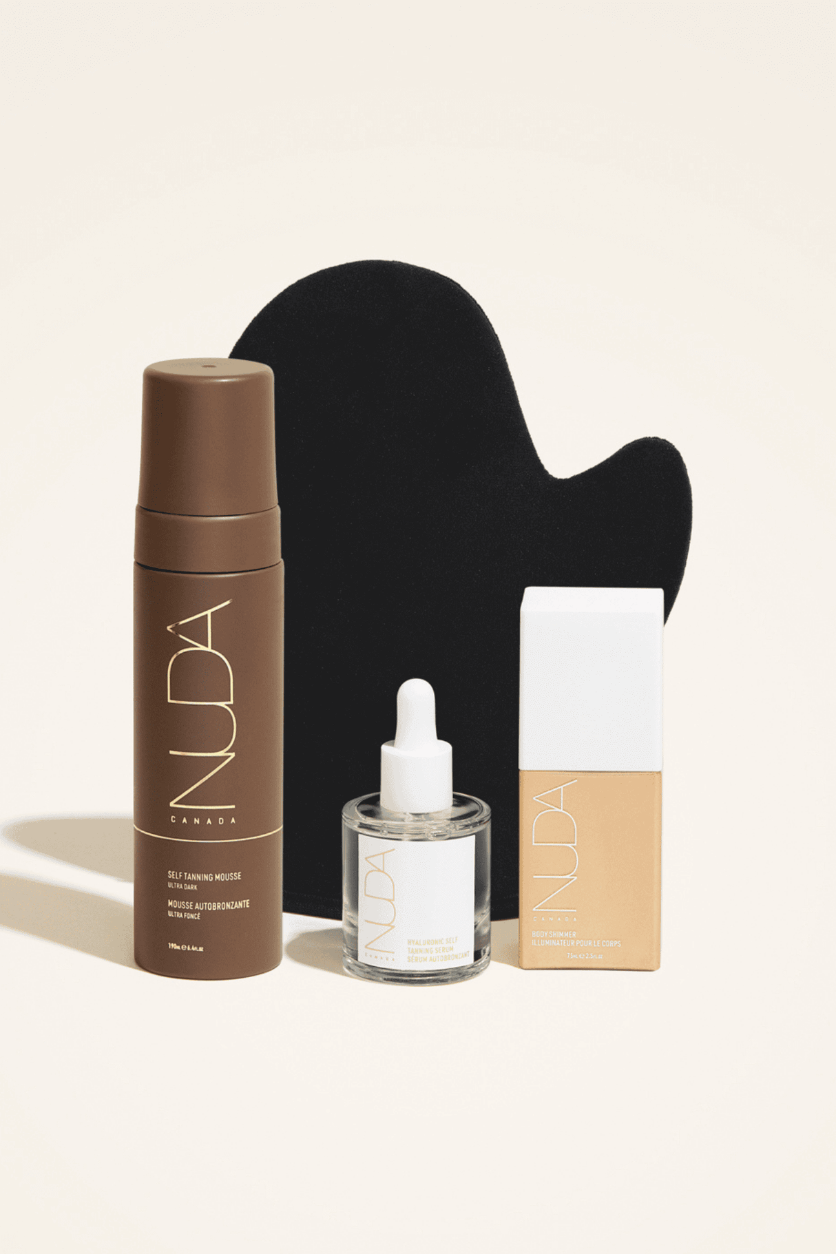 Ultimate Glow Kit featuring self tanning mousse, tanning mitt, and glow drops for customizable self-tanning and radiant complexion.
