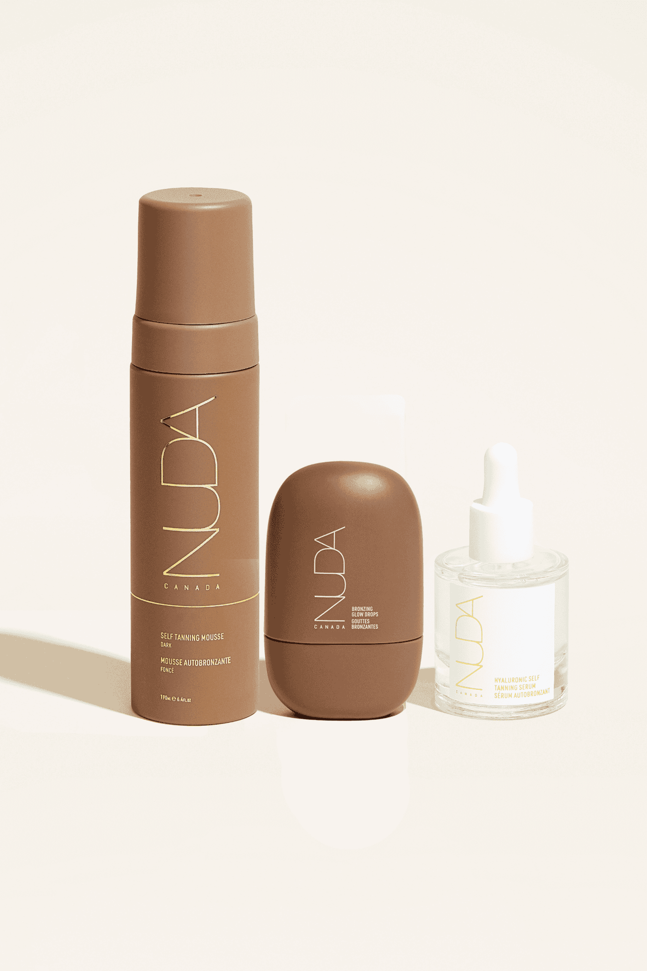 Ultimate Glow Trio: Self Tanning Mousse, facial tanner, and Bronzing Glow Drops for a tailored, radiant skin tone.