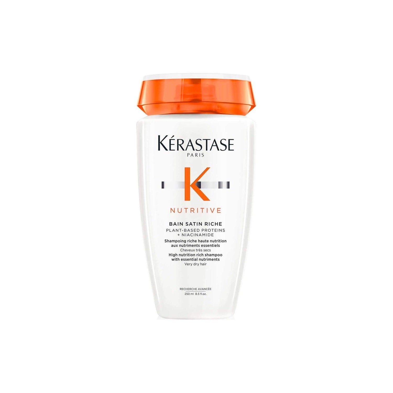 Kérastase Nutritive Bain Satin Riche Shampoo for very dry hair, 250ml bottle with anti-dryness polymers and essential nutrients.