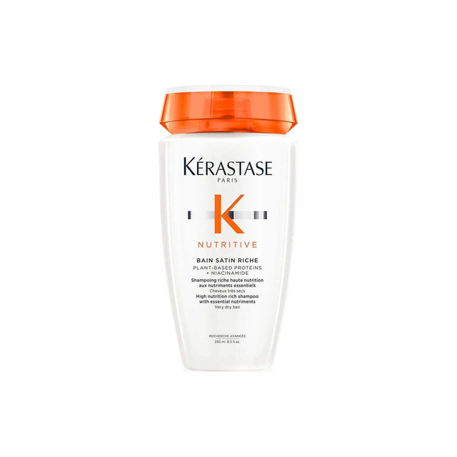 Kérastase Nutritive Bain Satin Riche Shampoo for very dry hair, 250ml bottle with anti-dryness polymers and essential nutrients.