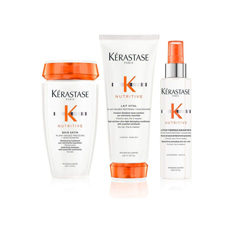 Kérastase Nutritive Hydrating Routine for Fine to Medium Hair - Shampoo, Conditioner, and Nourishing Spray.