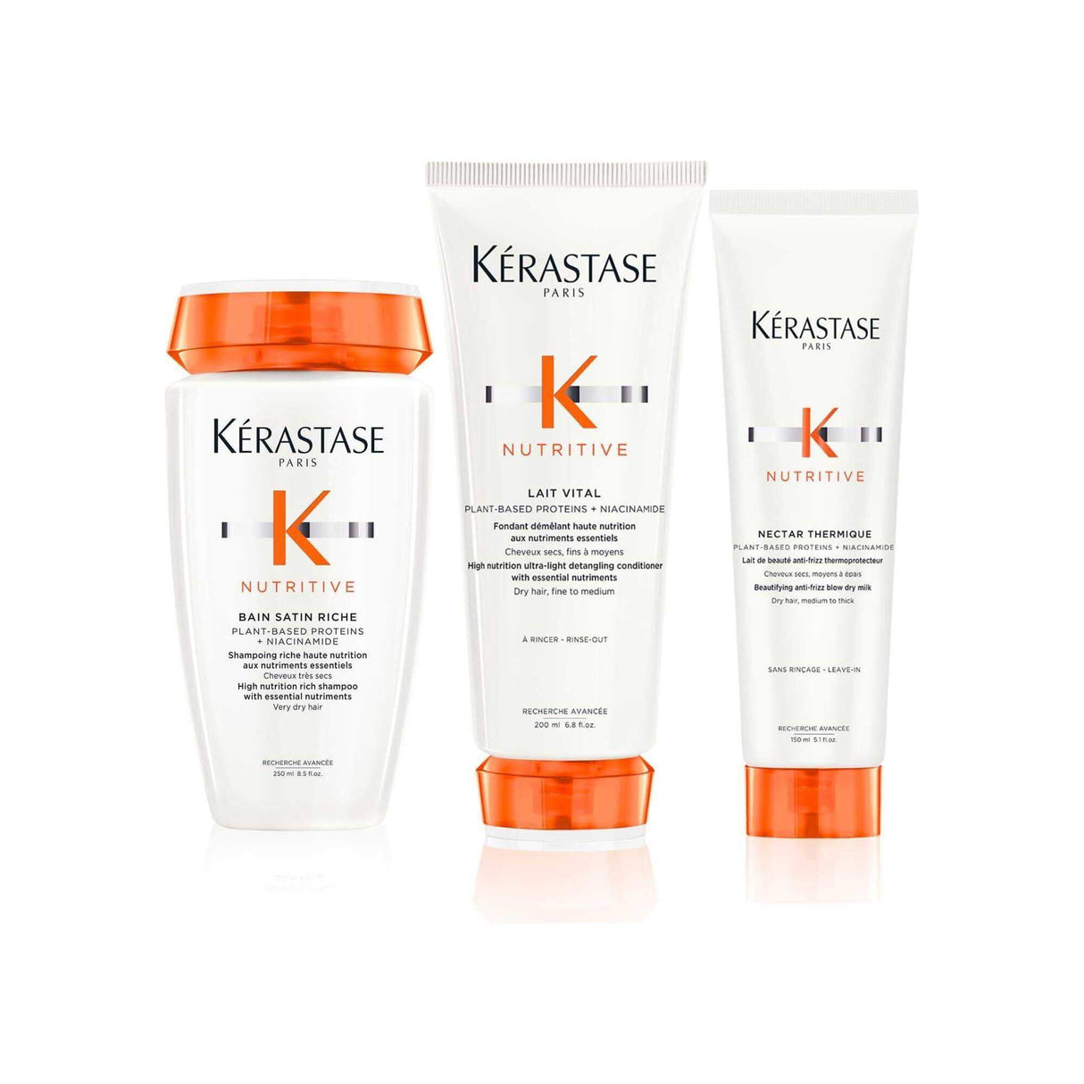 Kérastase Nutritive Hydrating Routine for medium to thick hair, featuring Bain Satin Riche, Lait Vital, and Nectar Thermique products.