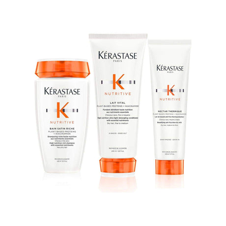 Kérastase Nutritive Hydrating Routine for medium to thick hair, featuring Bain Satin Riche, Lait Vital, and Nectar Thermique products.