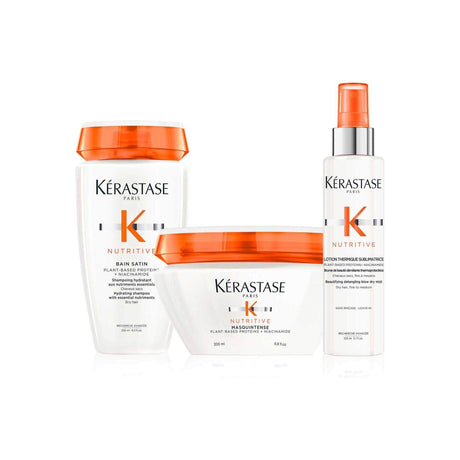 Kérastase Nutritive Intense Hydration products for fine to medium hair, featuring shampoo, mask, and anti-frizz spray.
