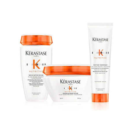 Kérastase Nutritive Intense Hydration Routine for medium to thick hair, featuring anti-frizz and nourishing hair care products.