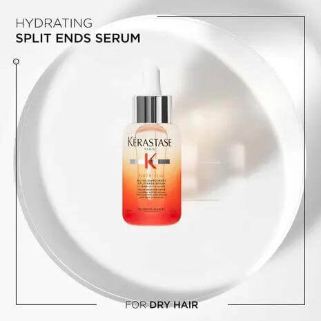 Kérastase Nutri-Supplement Split Ends Serum for dry hair, nourishing and sealing serum to prevent split ends, in a white dish.