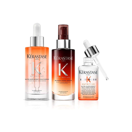 Kérastase Nutritive Super Serum Trio for Dry Hair with niacinamide for scalp hydration and split end repair.