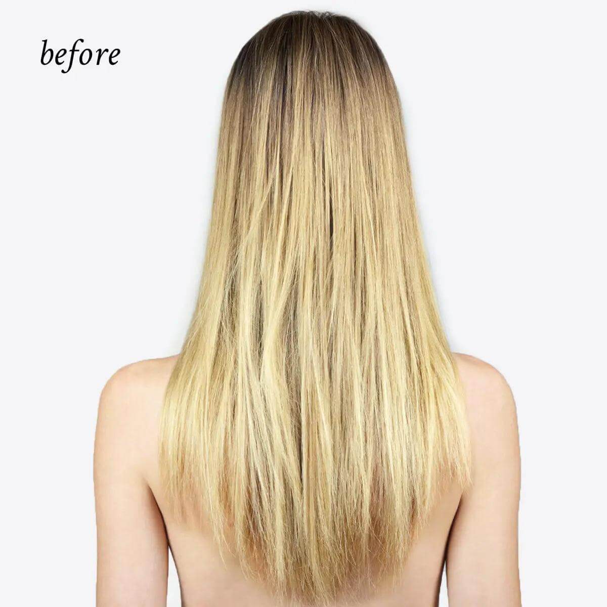Back view of woman with blonde hair before using Oi Liquid Luster treatment for shiny, silky hair.