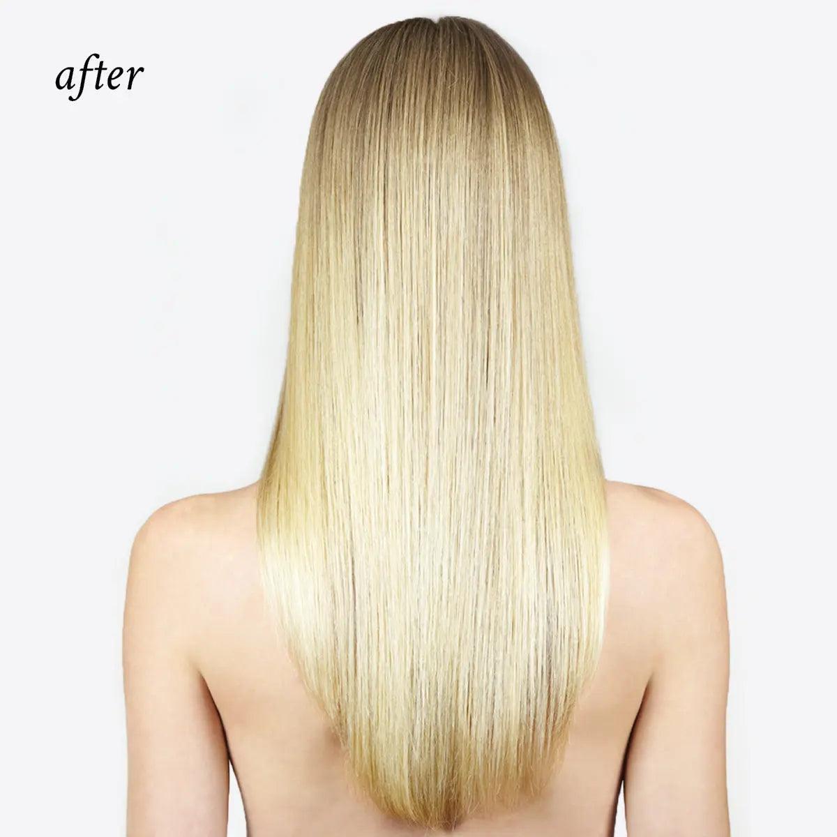 Blonde hair showing silky, shiny finish after using Oi Liquid Luster treatment