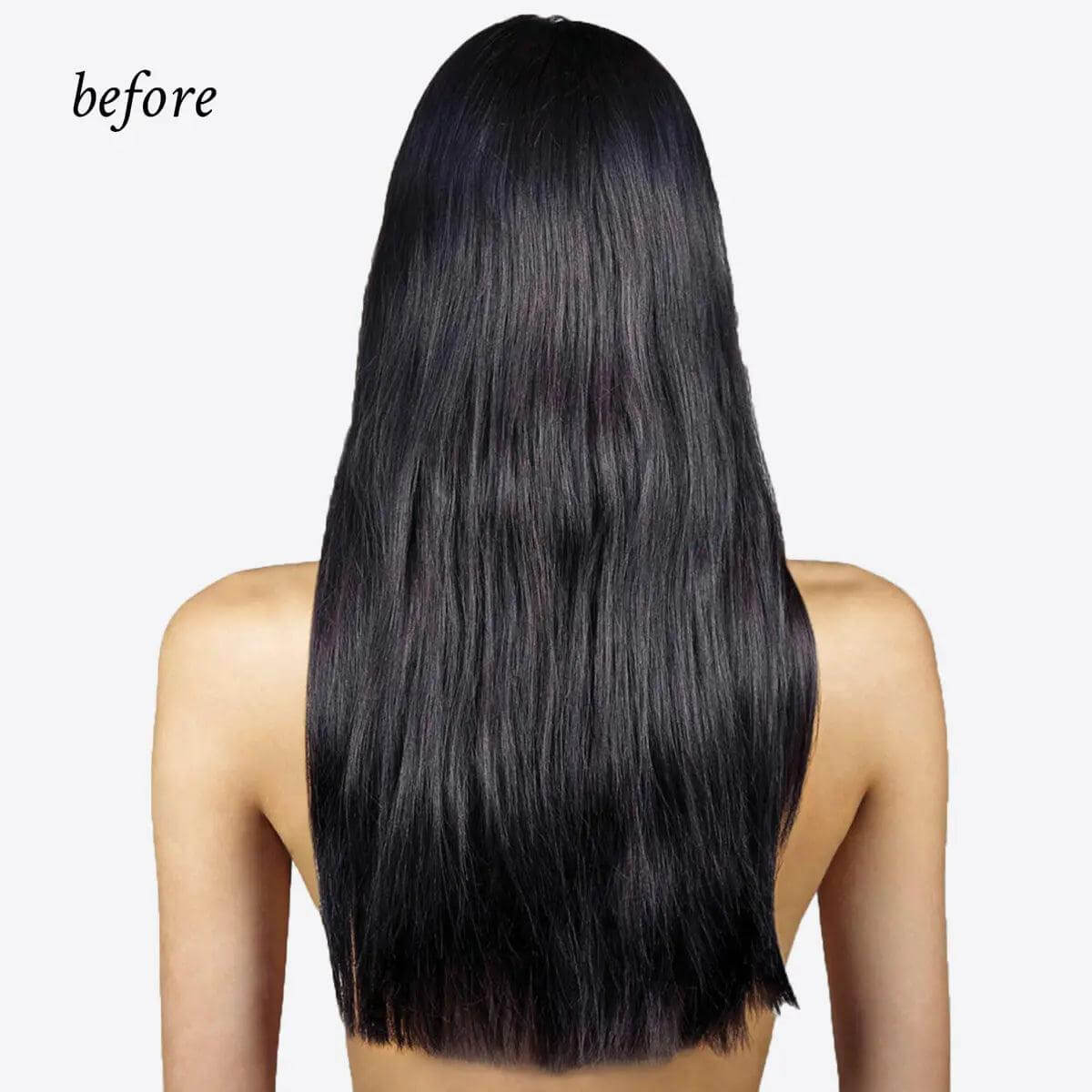 Back view of woman with long, dark, shiny hair labeled 'before' using Oi Liquid Luster treatment.