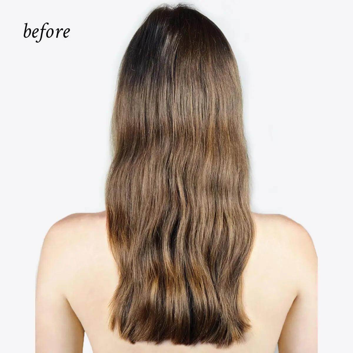 Before using Oi Liquid Luster treatment on long brown hair, showing natural texture and shine.