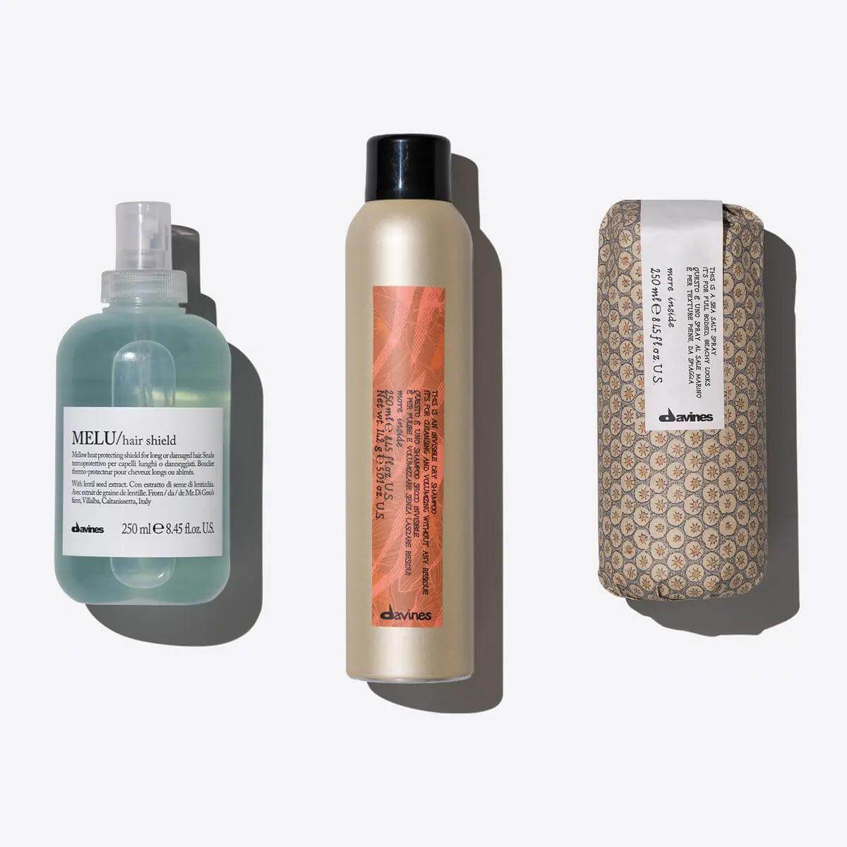 Davines Oil Control and Volume Haircare Set featuring MELU Hair Shield, Invisible Dry Shampoo, and styling clay.