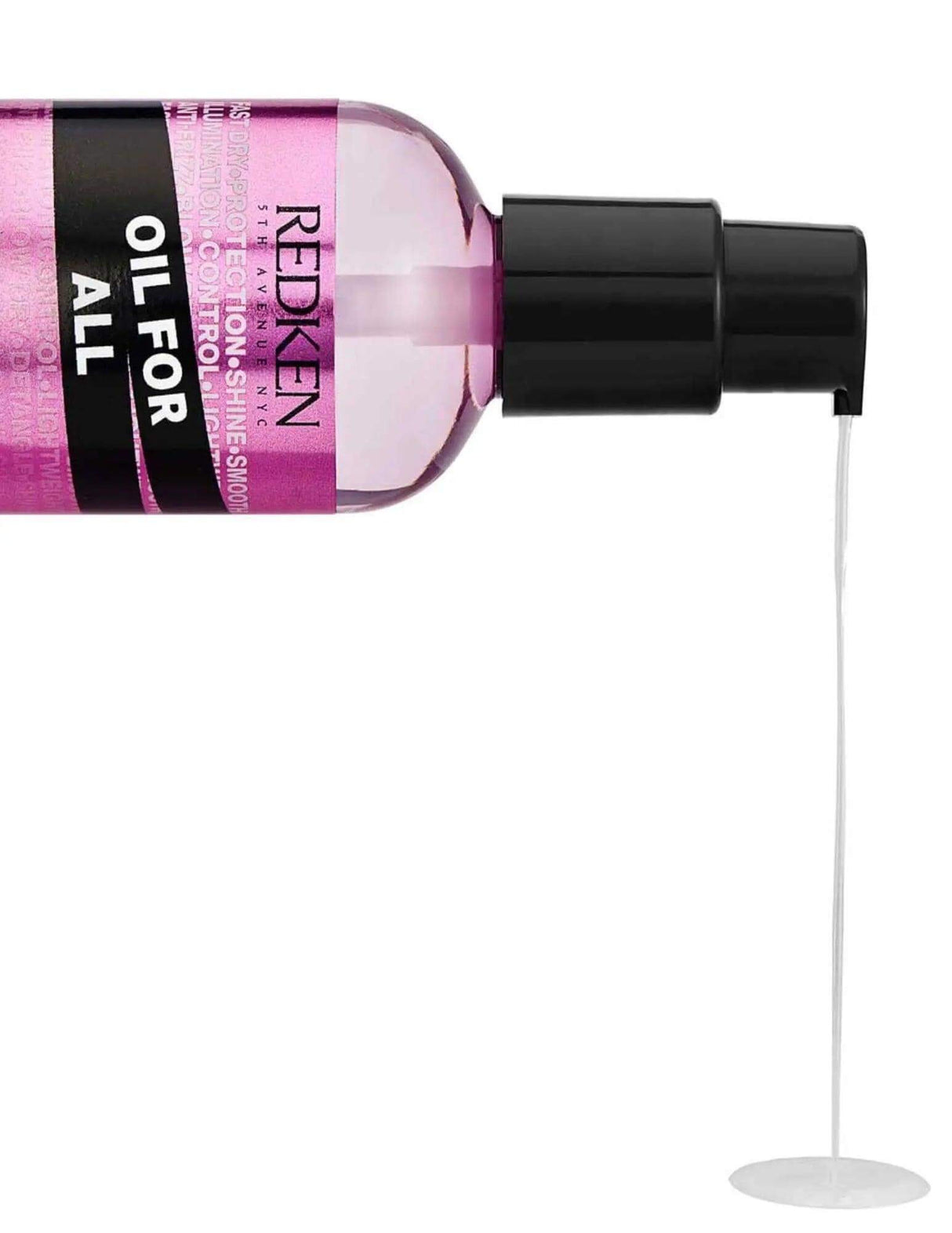Redken Oil For All hair oil bottle, designed for nourishing and adding shine to all hair types, with pump dispenser.