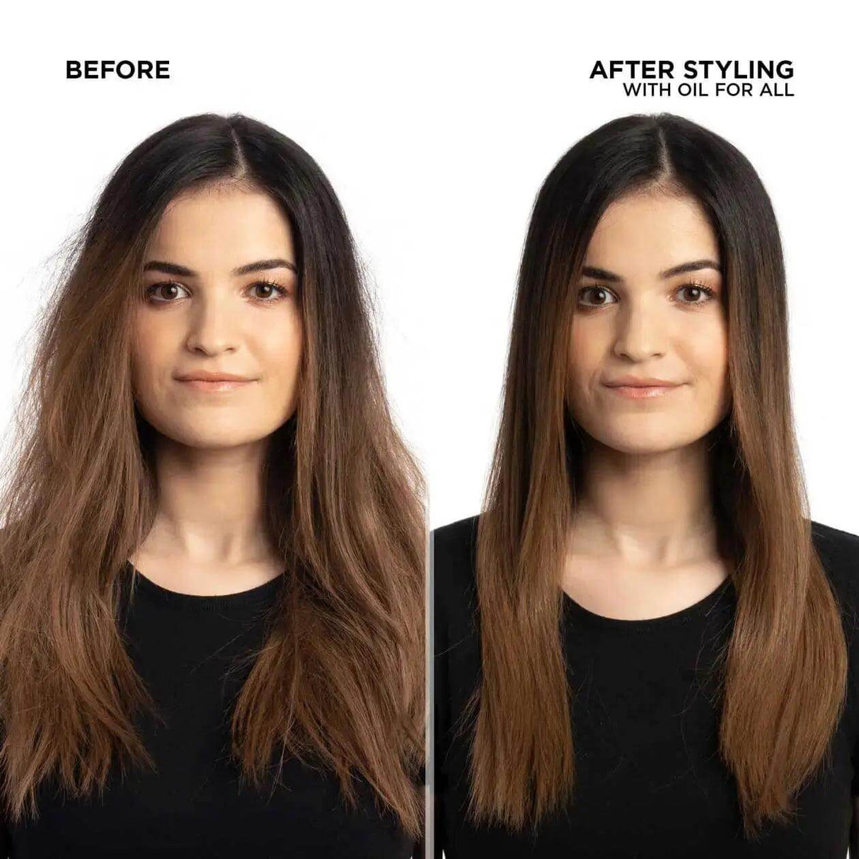 Before and after of woman's hair using Redken Oil For All, showing transformation from frizzy to smooth and shiny hair.