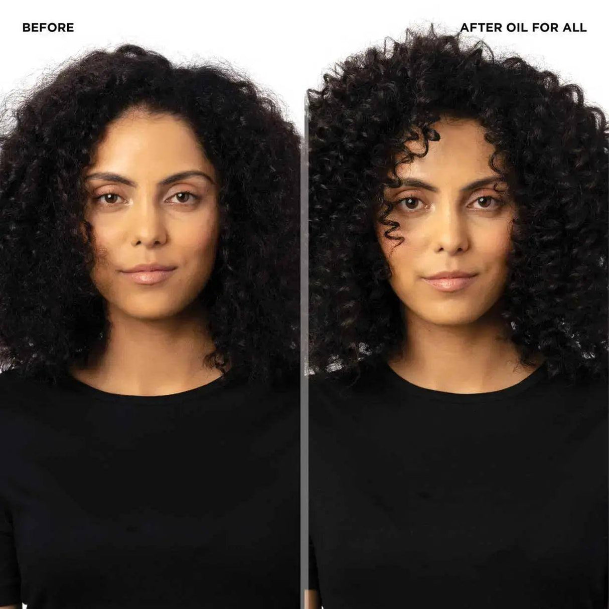 Before and after using Redken Oil For All on curly hair, showing enhanced shine and reduced frizz.