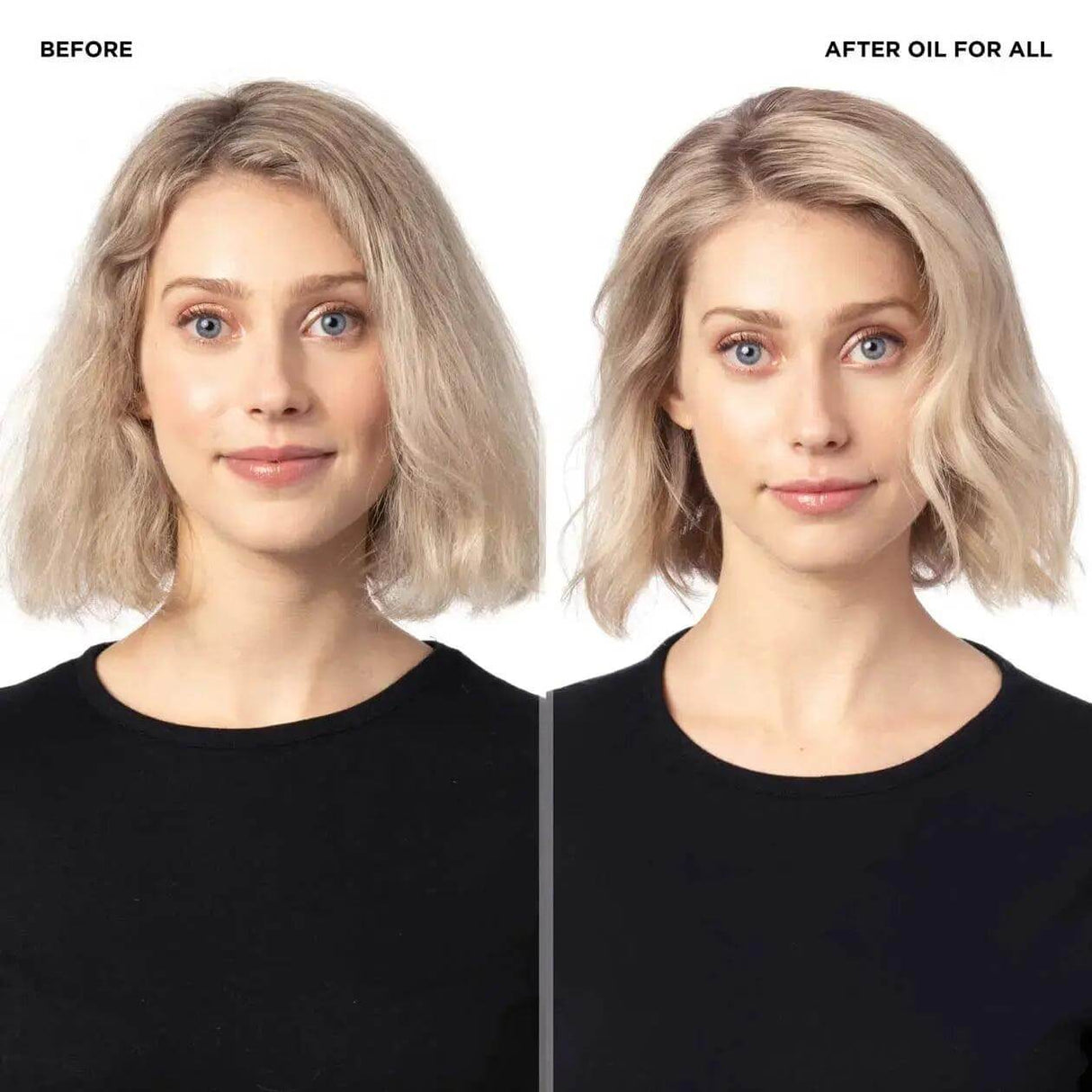 Before and after using Redken Oil For All, showing improved shine and manageability of hair.