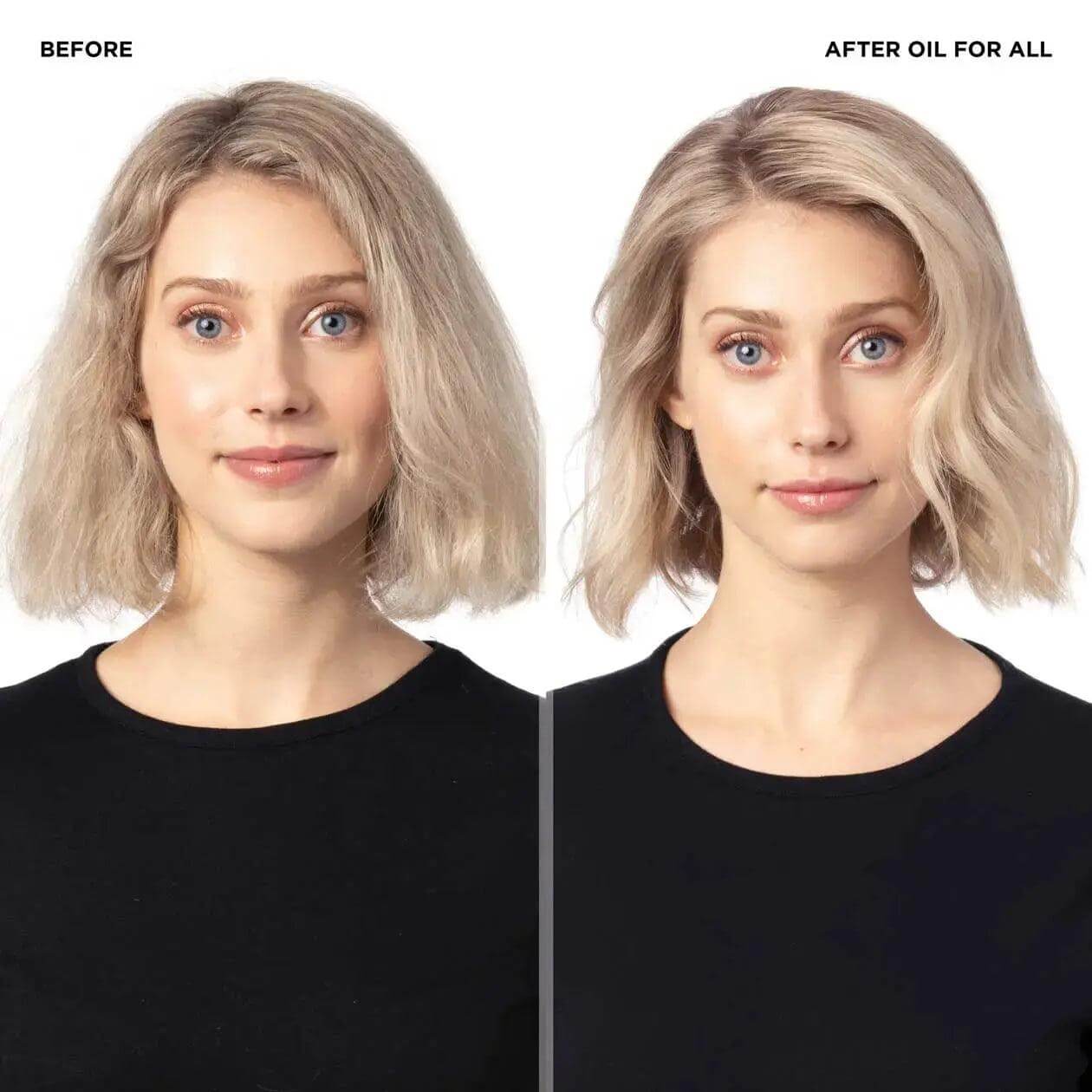 Before and after using Redken Oil For All, showing improved shine and manageability of hair.