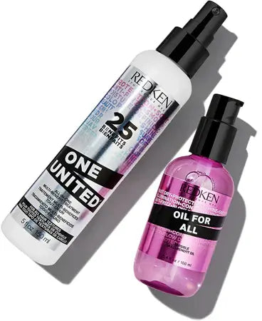 Redken One United and Oil For All hair care products on a white background.