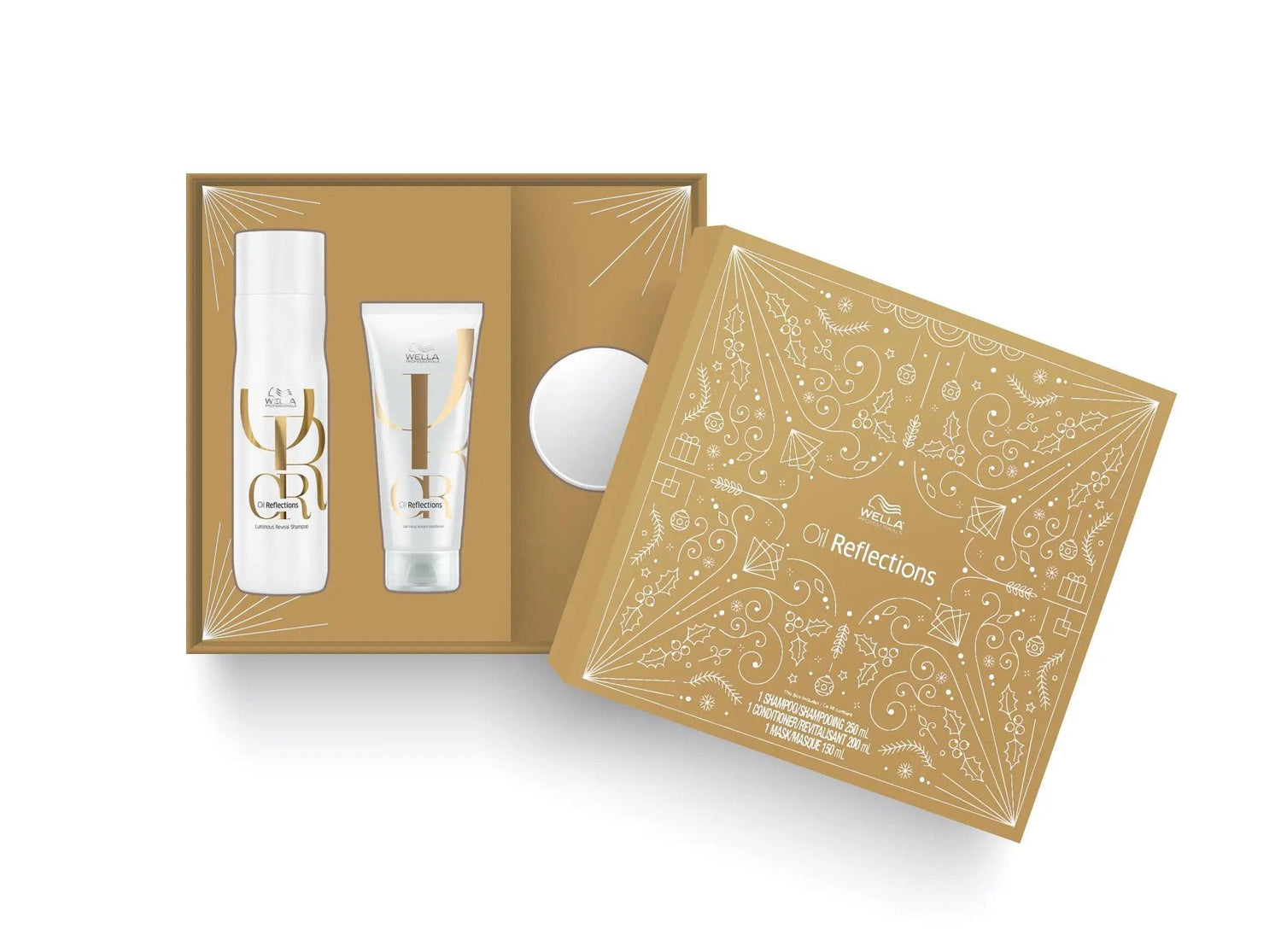 Oil Reflection Trio gift set with shampoo, conditioner, and hair mask, featuring camellia oil and white tea extract for softer hair.