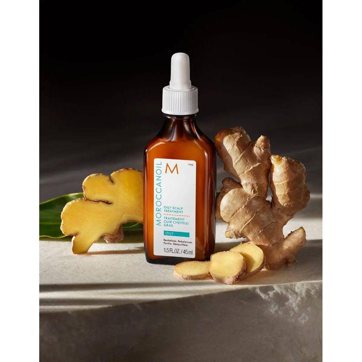 Moroccanoil Oil-No-More Scalp Treatment with ginger root, 1.5 fl oz bottle, for oily scalp care and oil control.